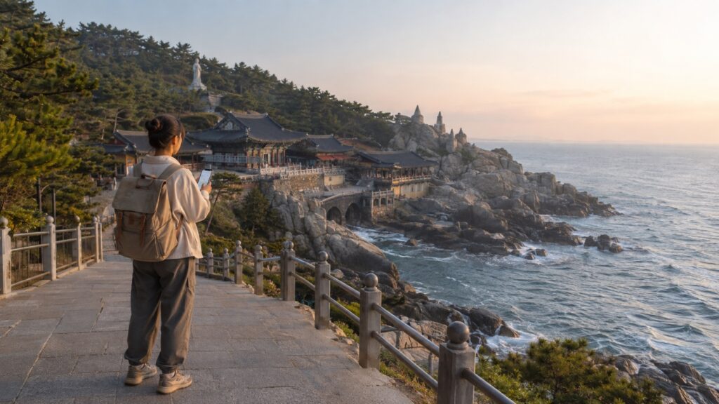 Traveler approaching a seaside Korean temple