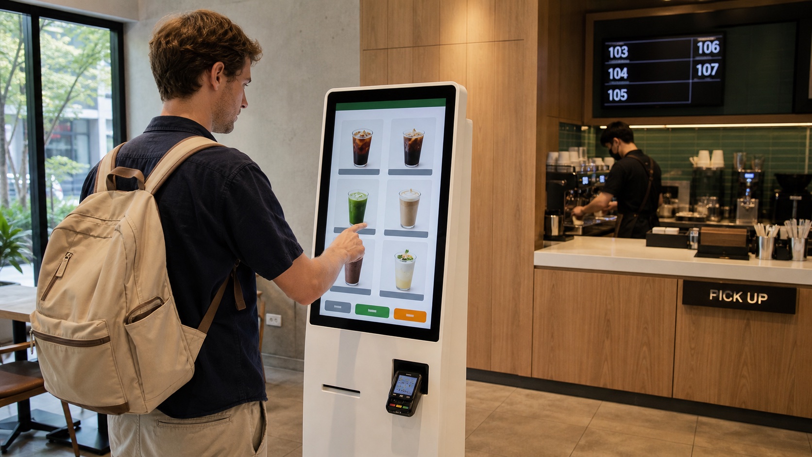 Traveler using a self-order kiosk beside a Korean cafe pickup counter