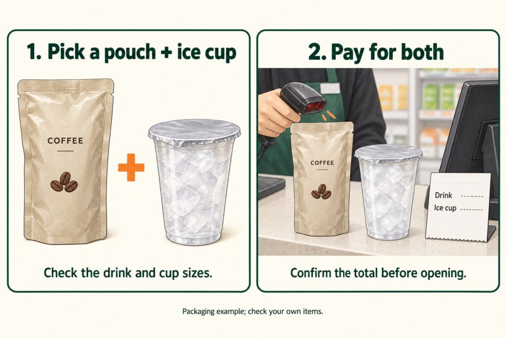 Coffee pouch and ice cup at checkout