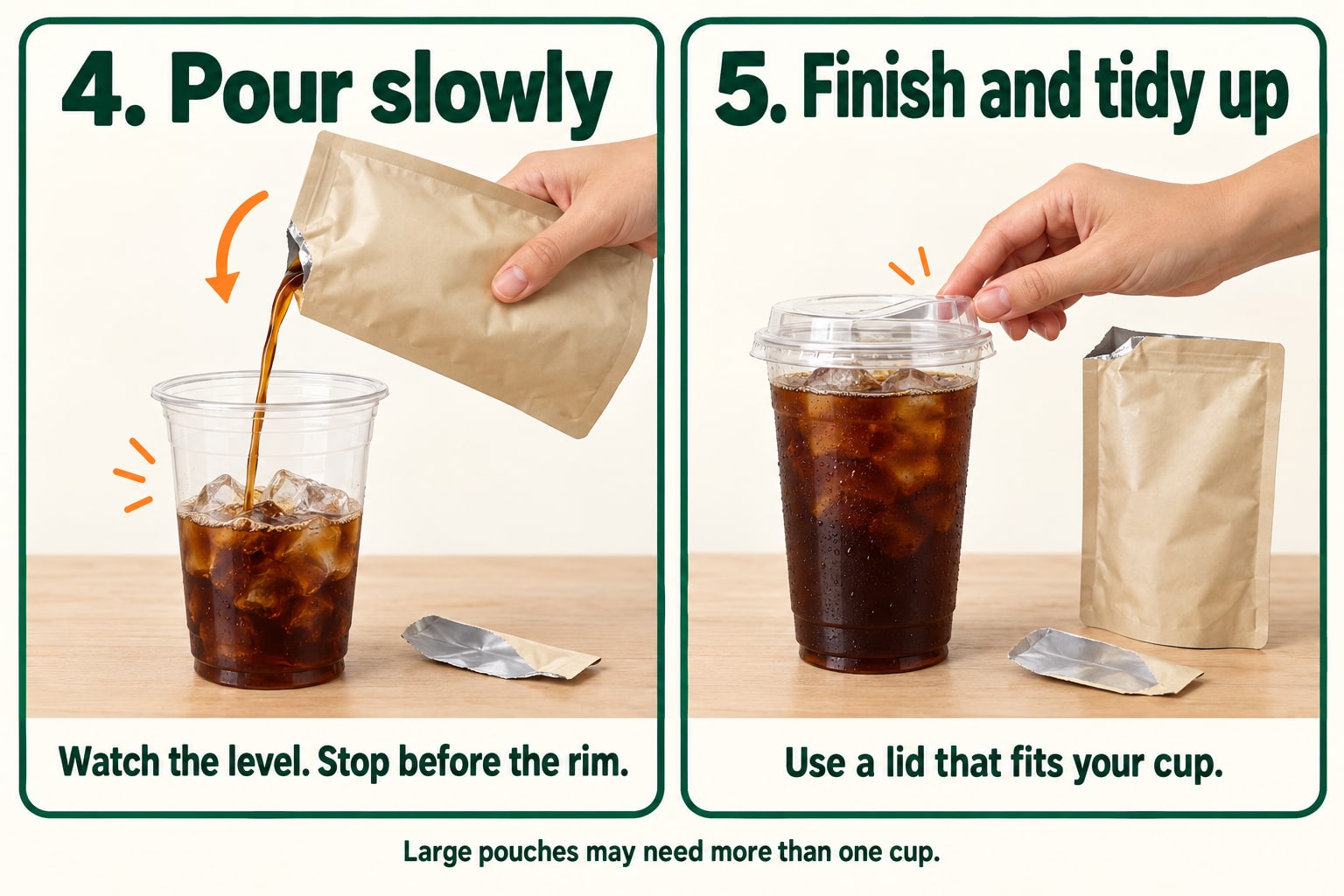 Coffee pouring over ice beside a lidded cup