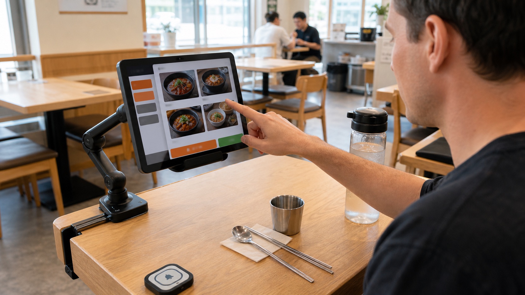 Traveler using a touchscreen kiosk mounted to a table in a Korean restaurant