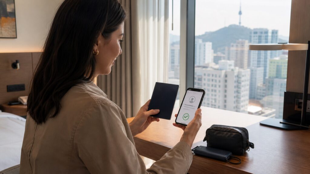 Concert traveler comparing a passport with a ticket account