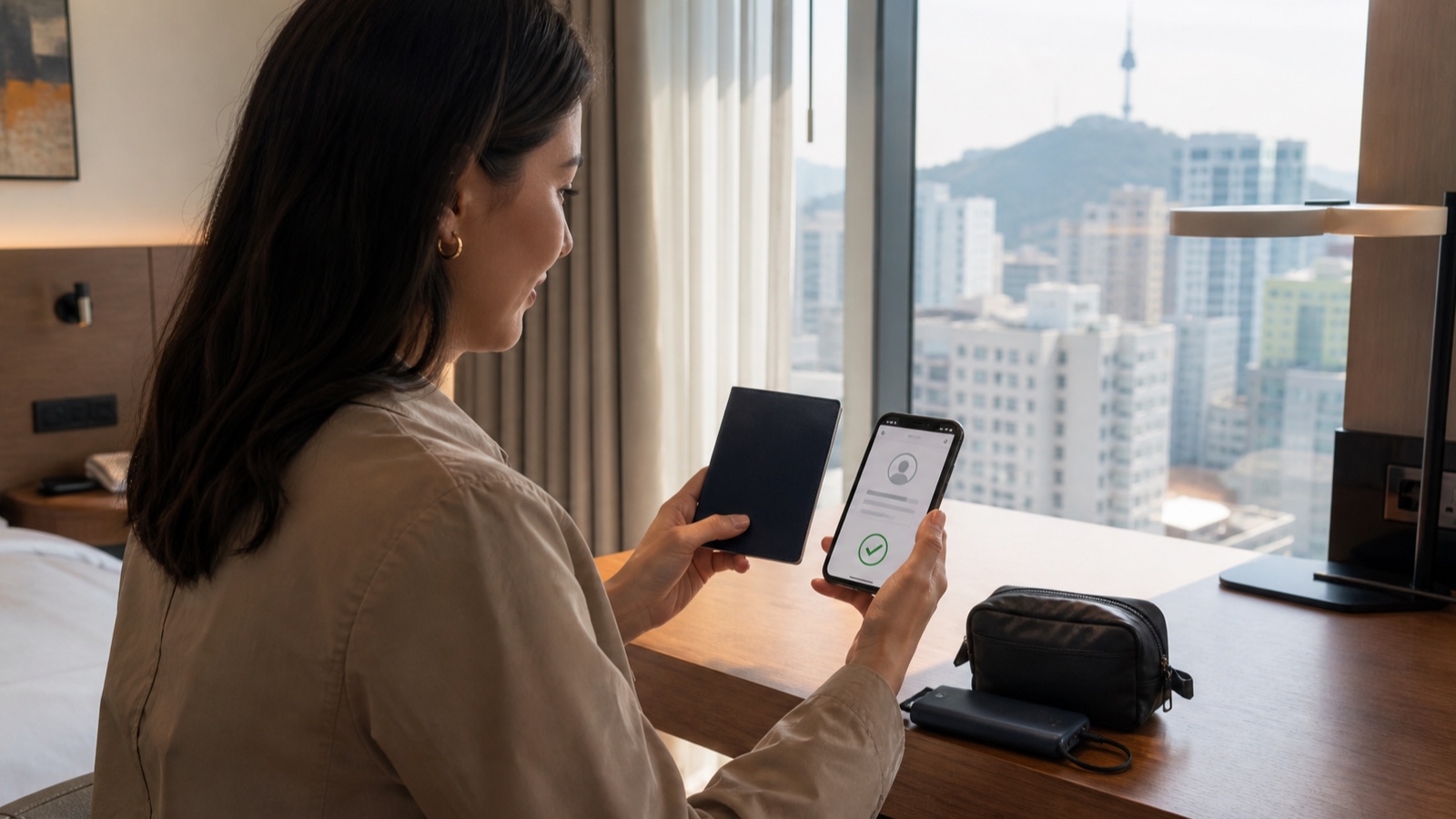 Concert traveler comparing a passport with a ticket account