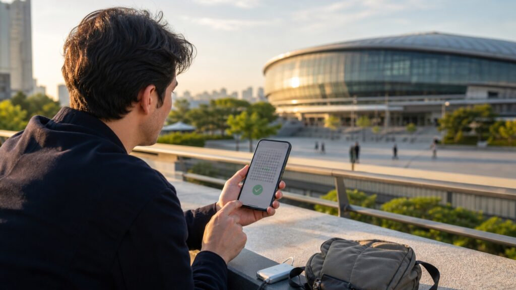 Traveler checking an official concert ticket page in Seoul