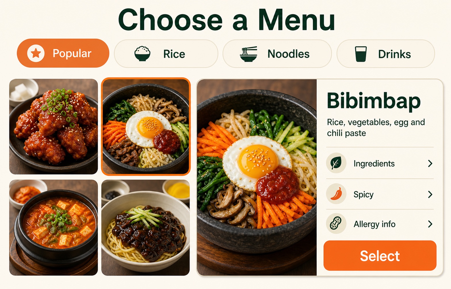 Restaurant kiosk menu showing a bibimbap description and ingredient information