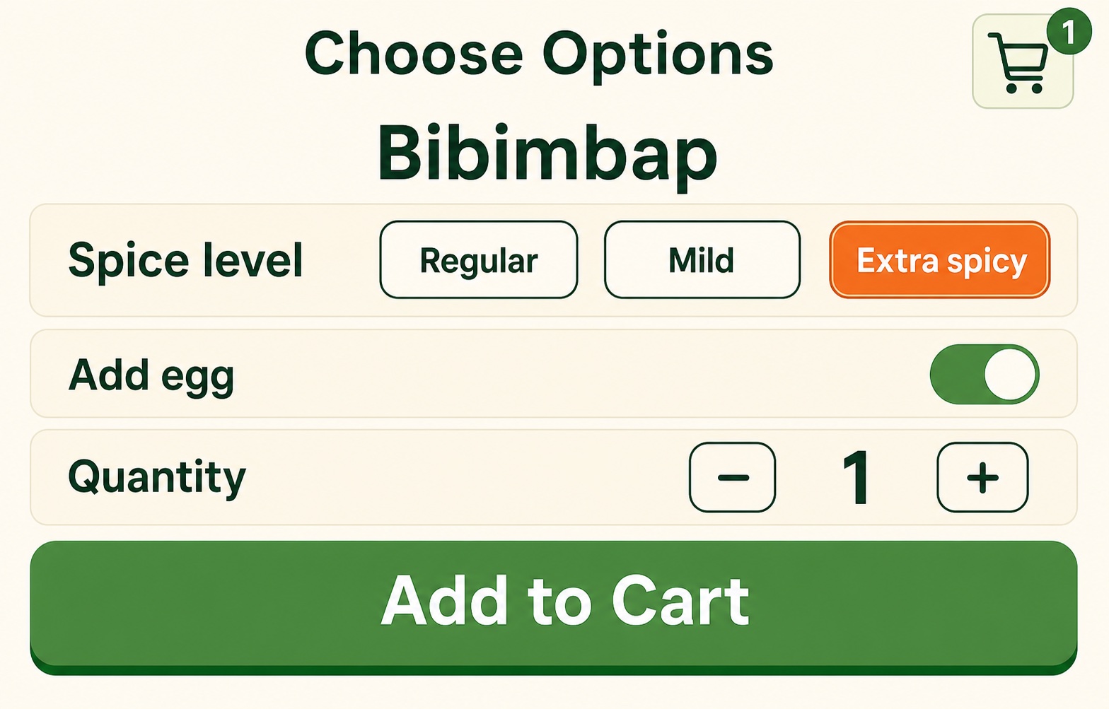 Restaurant kiosk screen for selecting spice level, extras and quantity