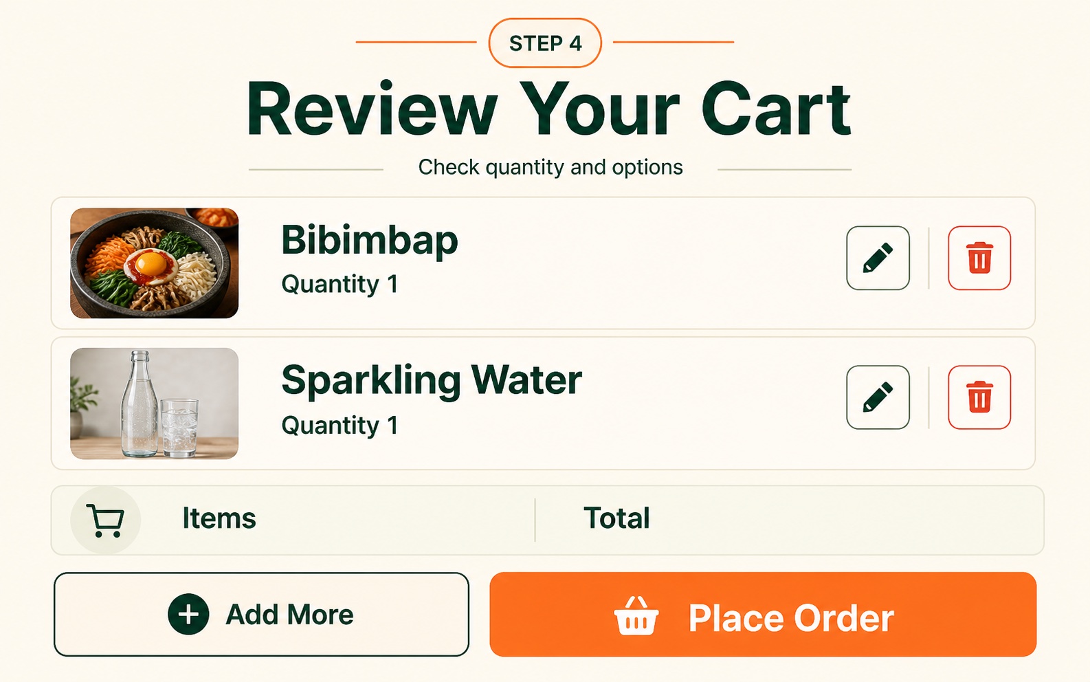 Restaurant kiosk cart with quantities, edit controls and place order button