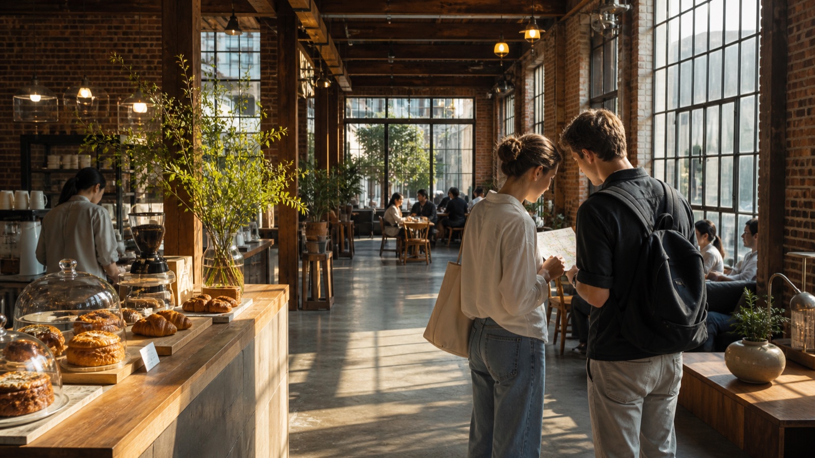 International visitors planning a Seongsu cafe route inside a converted brick warehouse cafe