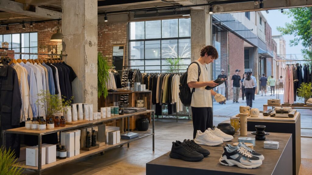 International visitor shopping for fashion beauty and design goods in a converted Seongsu warehouse