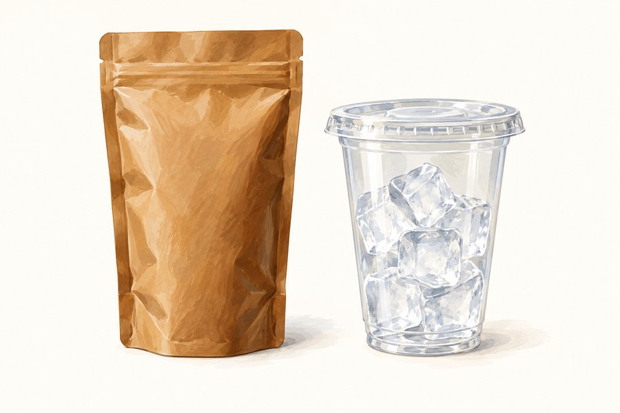 Plain drink pouch beside an ice cup