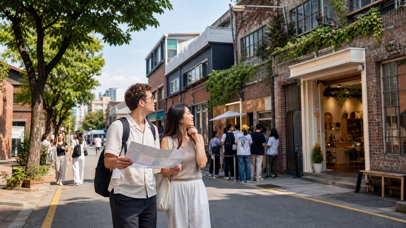 International visitors choosing things to do on a converted warehouse street in Seongsu Seoul